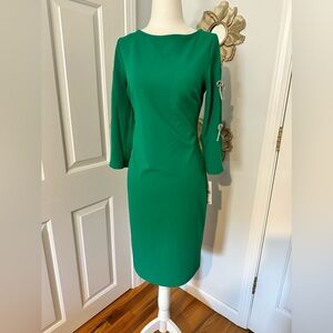 Green Christmas Holiday Party Dress with Sparkly Bows on Sleeves